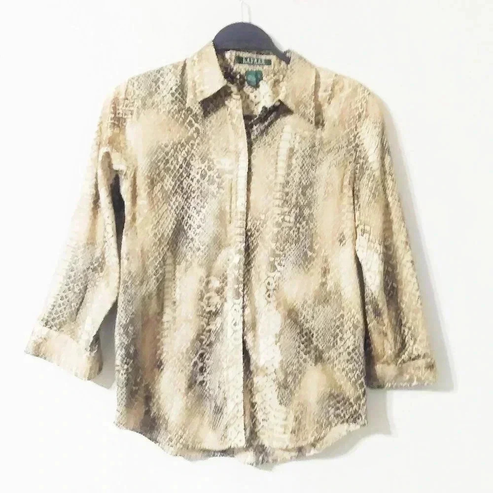 Lauren Ralph Lauren Snakeskin Print Cotton Button Downā Shirt Brown Tan Small